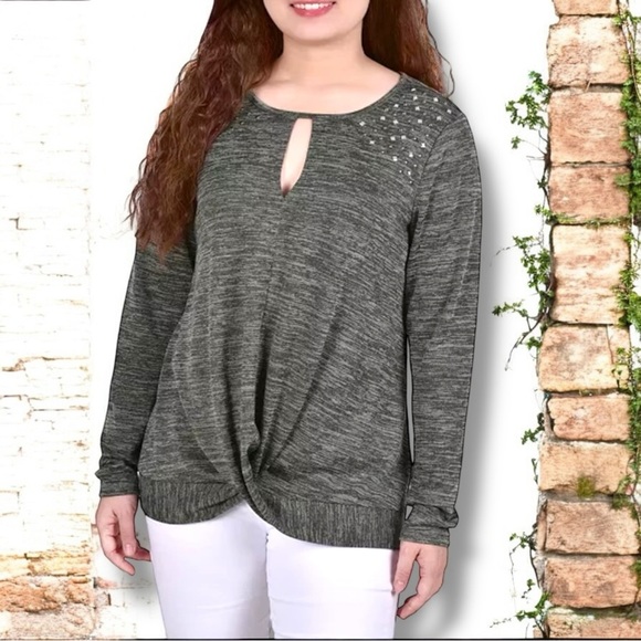 NY Collection Woman Olive Heather with‎ Stud Embellished Shoulders Top - Picture 1 of 10